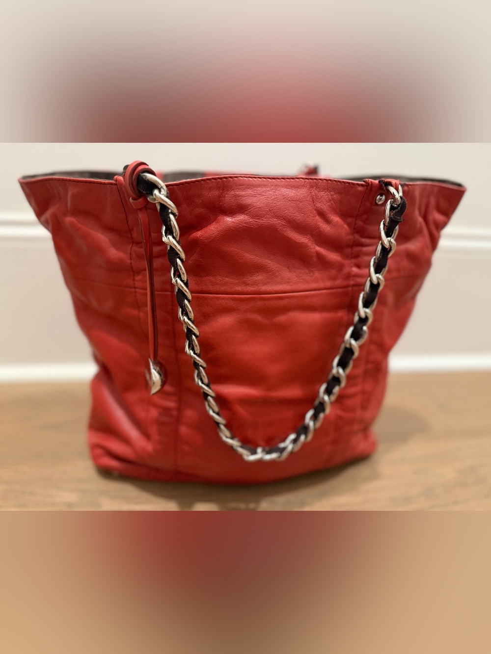 Vintage Furla Red/ Coral Leather Chain-Handle Tote Bag